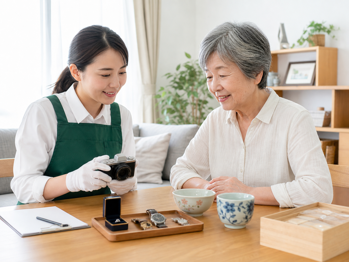 自宅で品物を確認しながら相談するイメージ